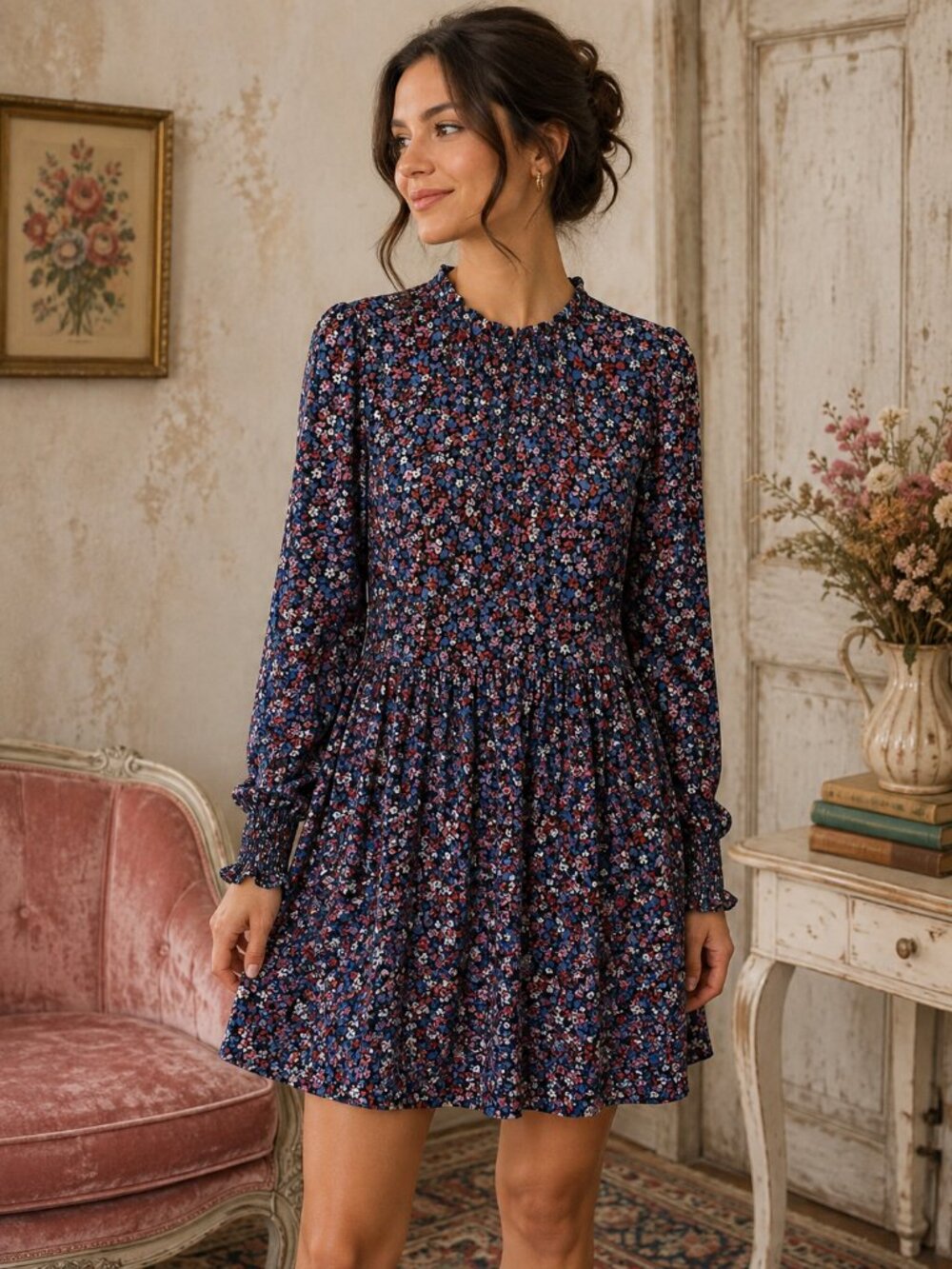 Draper James Floral Long Sleeve Midi Dress | Size S | Stretch